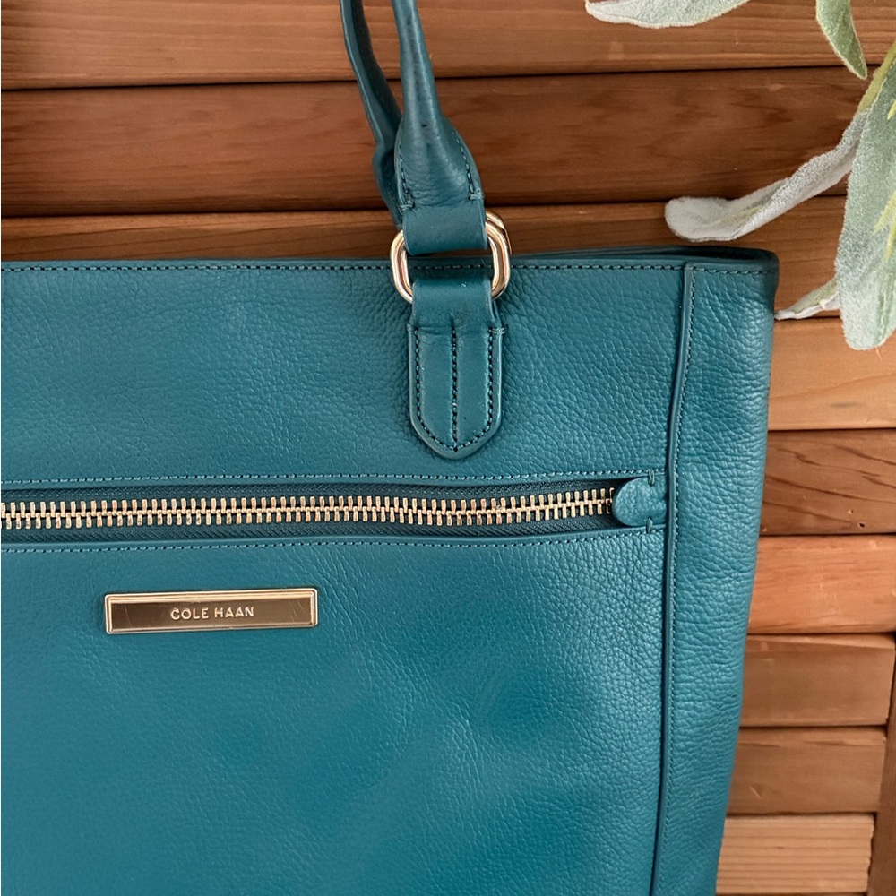 Cole Haan Teal Pebbled Leather Tote Structured Work Bag - Picture 3 of 8